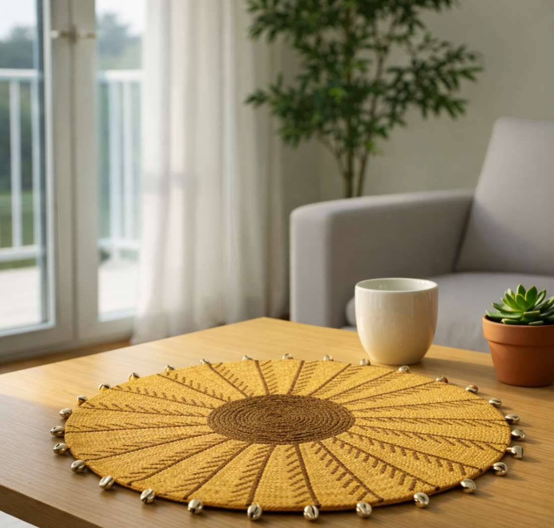 Yellow woven placemat on a wooden table with a cup and plant in a living room setting.